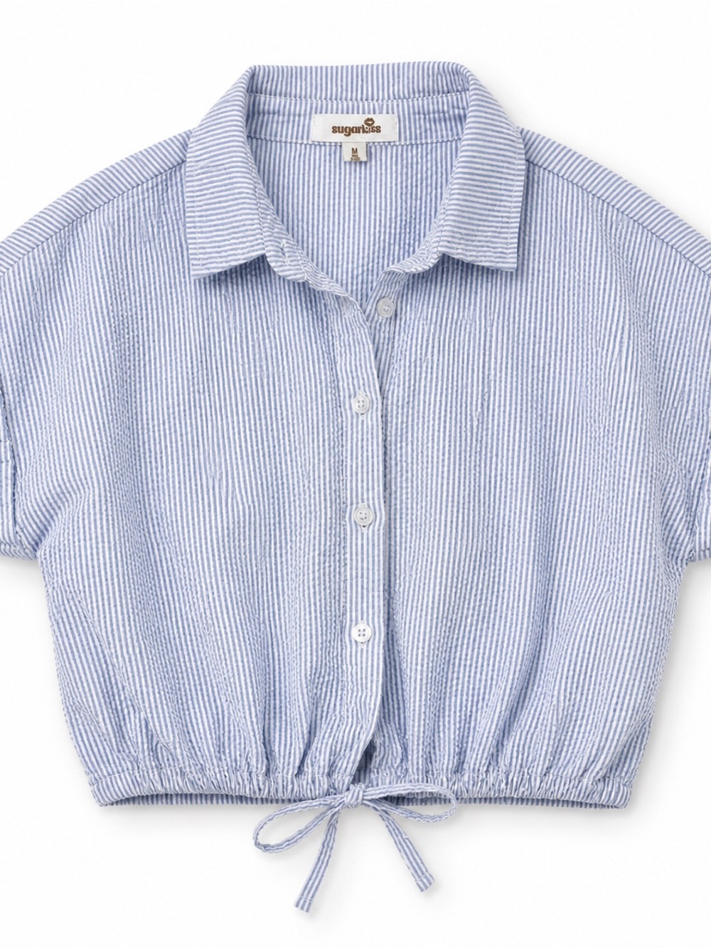Coastal Granddaughter Blue White Seersucker Stripe Tie Front Crop Top Medium - Picture 2 of 8